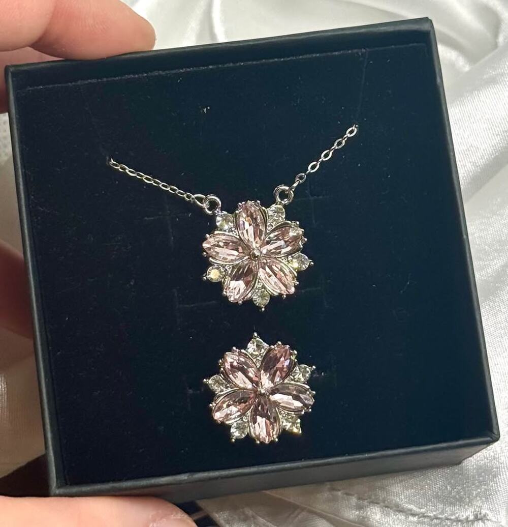Stainless Steel Sakura Pink Flower Necklace & Adjustable Ring Set